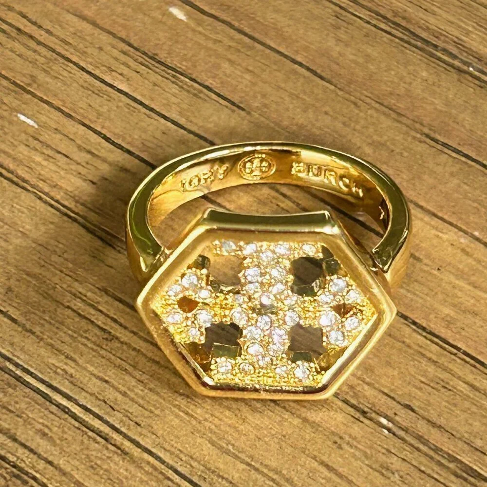 Tory Burch Hexagon Logo Pave Crystal Ring 7 new